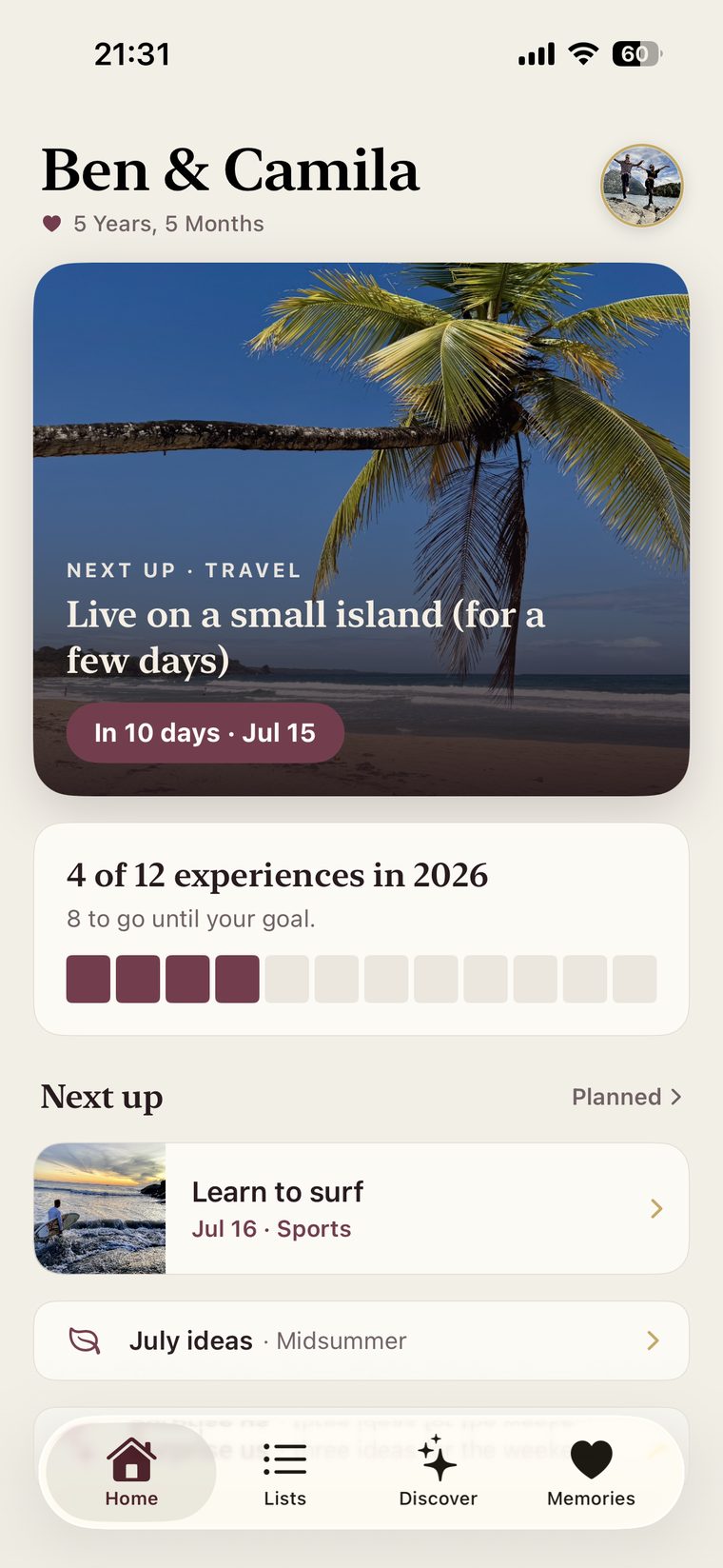 The Korby home screen showing a couple's shared next-up experience and progress toward their year