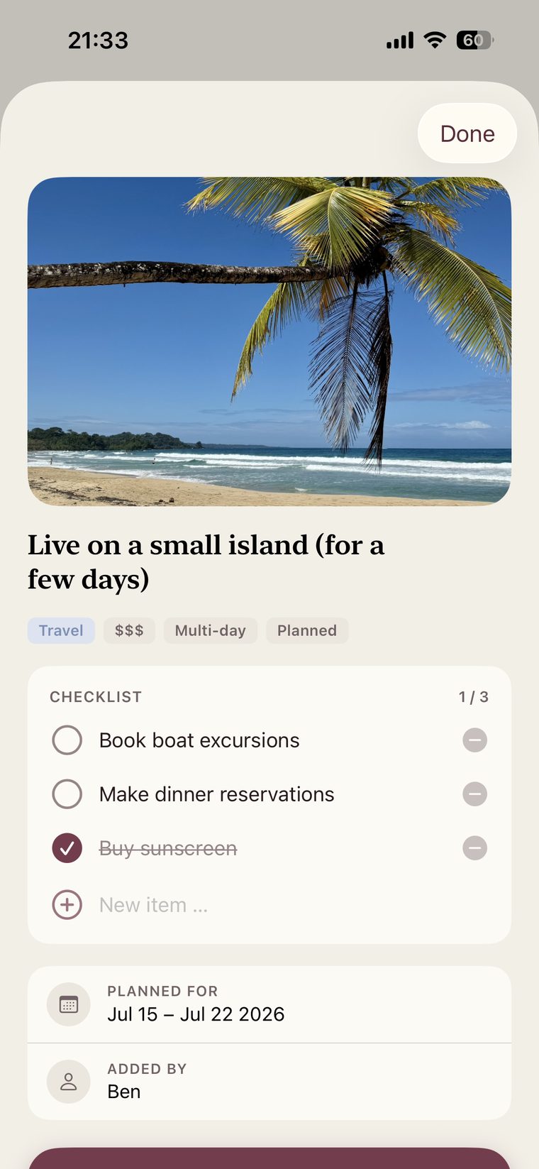 Planning a wish: date, photo and checklist