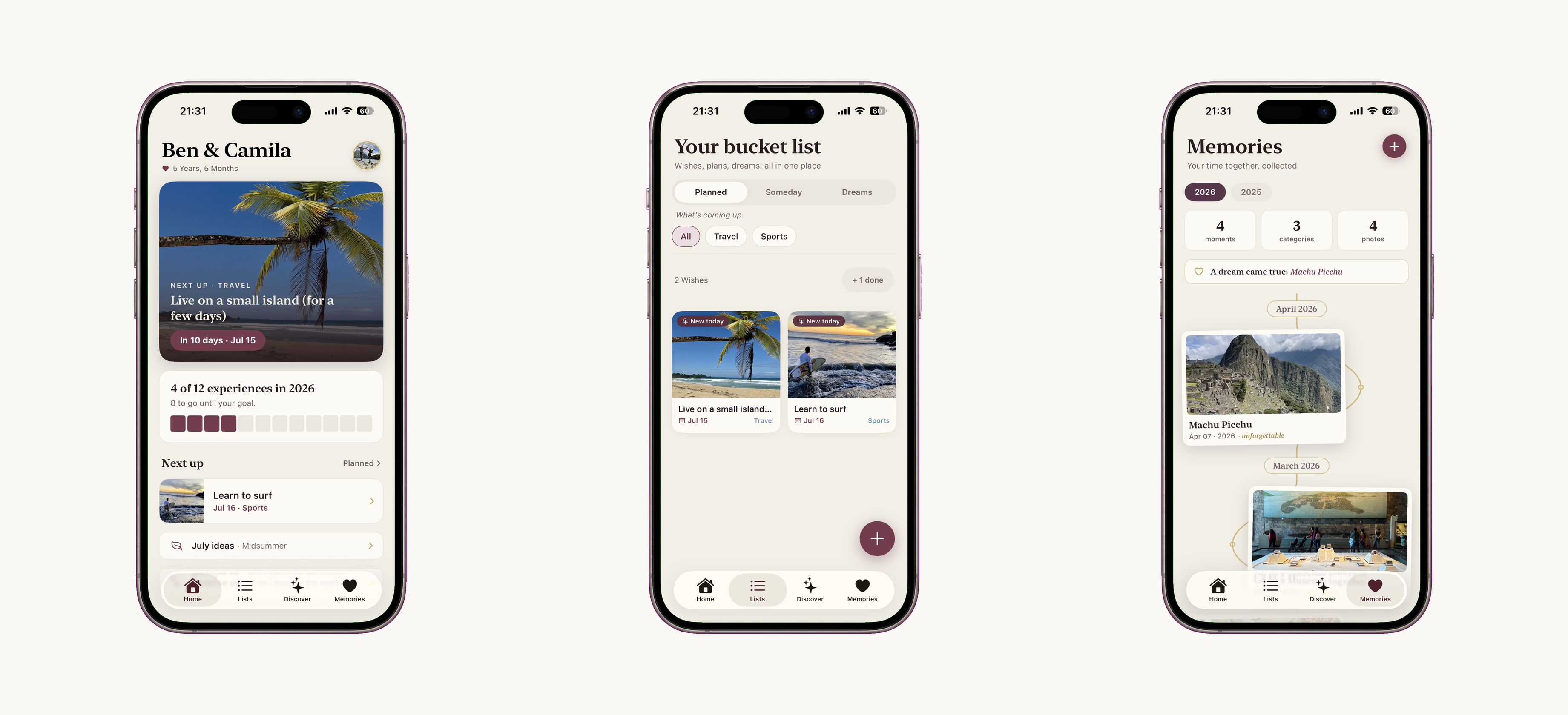 Home, Bucket List, and Memories screens in iPhone frames