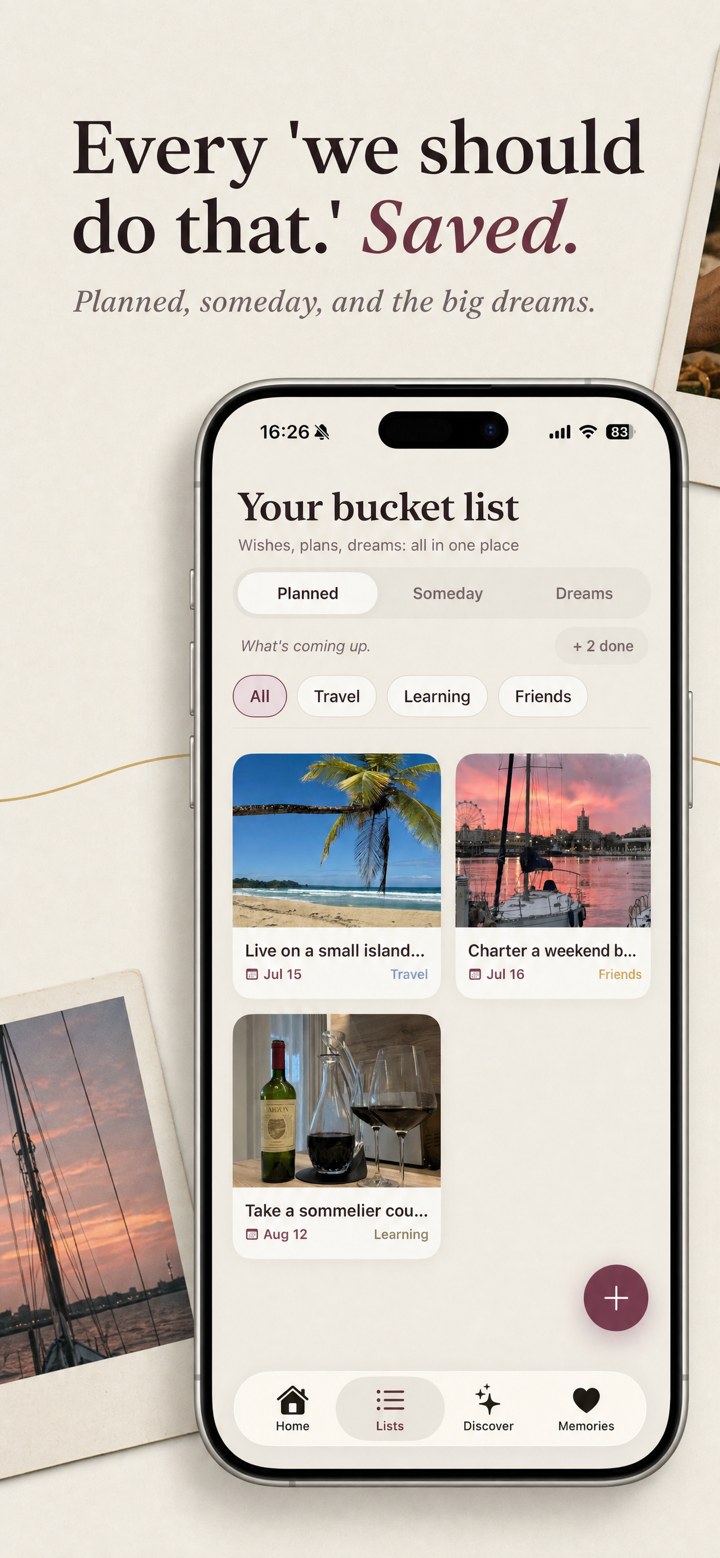 Shared bucket list with Planned, Someday, and Dreams
